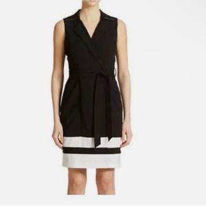 Calvin Klein Wrap Front Black/White Dress Size 4 Self Fabric Tie Belt preloved